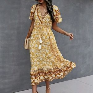 Floral Print, Wrap-Front, Tassel-Tie Midi Dress